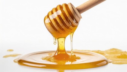Natural honey dripping from dipper on white background. high quality photo - obrazy, fototapety, plakaty