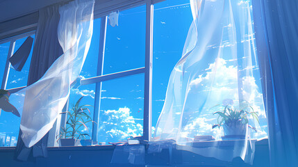curtains on the window blowing in the wind, sunlight coming in illustration