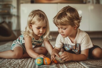 Naklejka premium children sharing toys playing together