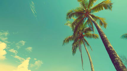Fototapeta na wymiar Tropical summer vacation background with palm trees and a blue sky