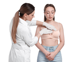 Mammologist checking woman's breast on white background