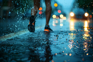 Jogger braving the rain with drenched shoes, running on wet pavement. Active lifestyle, fitness, and determination - obrazy, fototapety, plakaty
