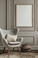 Classic armchair near paneling wall with empty poster frame with copy space