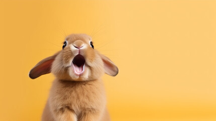 cute animal pet rabbit or bunny brown color smiling and laughing isolated with copy space for...