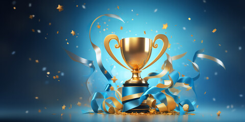 Golden trophy and streamers, business and competition concept, blue background