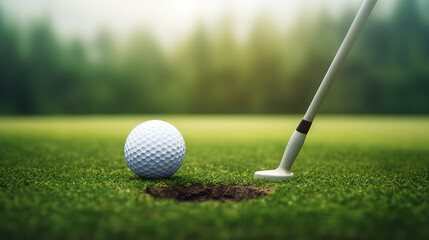 Golf ball on a tee, with golf club in position to strike
