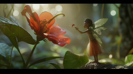 A child fairy admires a beautiful forest flower, captivated by its magical and enchanting allure amidst the woodland