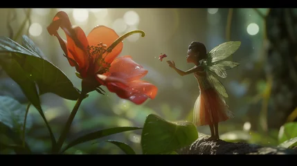 Fotobehang A child fairy admires a beautiful forest flower, captivated by its magical and enchanting allure amidst the woodland © Stacy