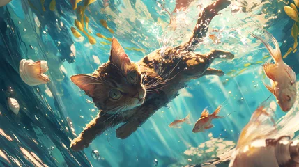 Fotobehang cute cat dives into the water, cat tries to catch fish © Hiro