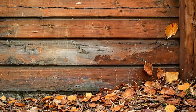 Photograph a wooden wall with leave arranged in a corner, offering negative space for versatile design applications