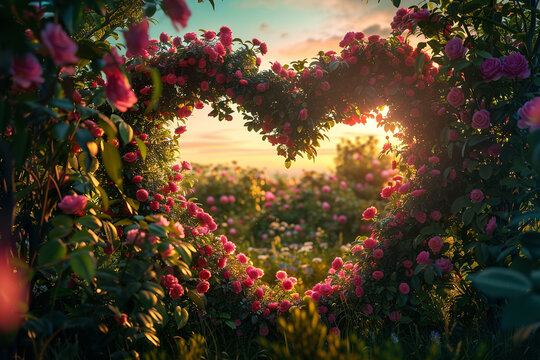 Picture the serene beauty of a rose garden crafted in the shape of a heart, illuminated by the gentle evening light