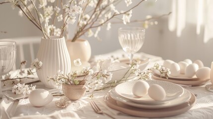 an Easter-themed tablescape adorned with delicate decorations in soft, light colors. - obrazy, fototapety, plakaty