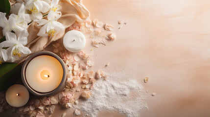 top view photo, Beautiful spa composition on light wooden background
