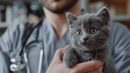 Veterinarian doctor with small gray Scottish kitten in his arms in medical animal clinic