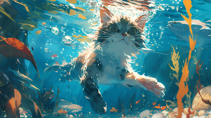 cute cat dives into the water, cat tries to catch fish - obrazy, fototapety, plakaty