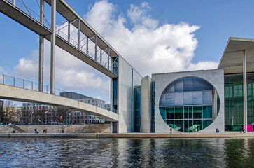 Berlin, Germany, March 6, 2024: a pedestrian bridge connection two parts of the government district...