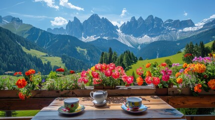 A large wooden cafe with a view of the mountains, colorful flowers and breakfast cups on the table....