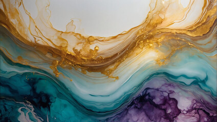 Abstract fluid art painting in alcohol ink, blending delicate hues to form transparent waves and golden swirls, evoking a sense of tranquil luxury.