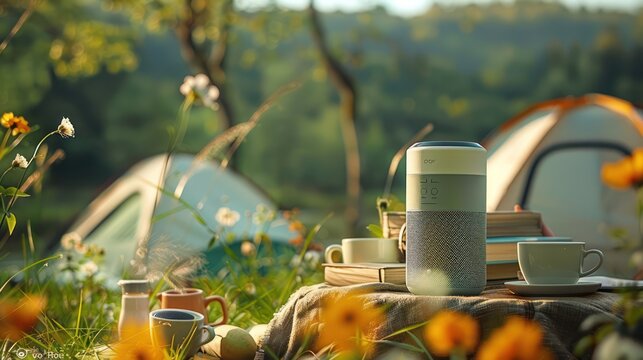 A light green speaker sits on an outdoor table during spring camping.
