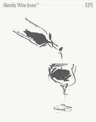 Wine pouring from a bottle into a glass. Hand drawn vector illustration. Isolated sketch.