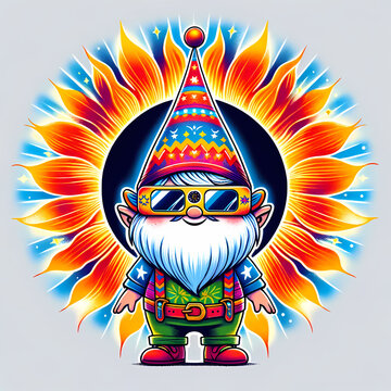 Gnome Total Solar Eclipse and Pirate Monster Cartoon Illustration with Tribal Tattoo, Carnival Mask, and Fiery Sun Decoration
