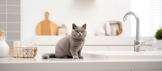 British Shorthair Cat Sitting Next to Kitchen Sink in Contemporary Comfortable Kitchen
