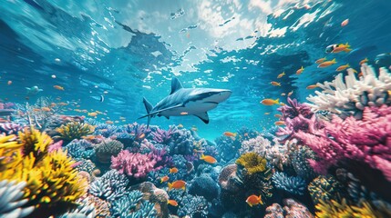 Fototapeta na wymiar A shark swims in the middle of the sea in front of a coral reef.