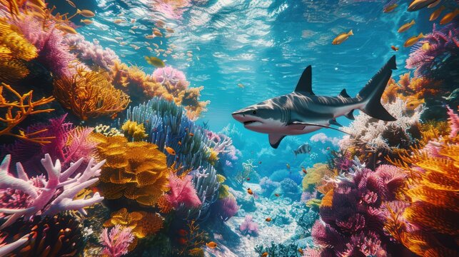 A shark swims in the middle of the sea in front of a coral reef.