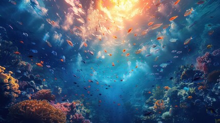 Fototapeta na wymiar Beautiful scenery of the sea floating in colorful colors underwater.