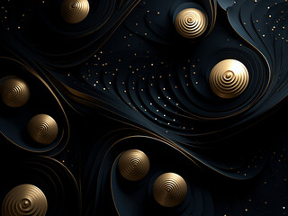 Mesmerizing black background with graceful spirals. AI Generation.