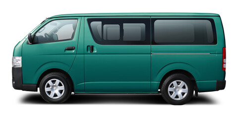 Japanese modern blue green passenger minibus. Side view, isolated on white background.