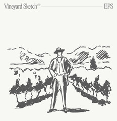 A man in front of a vineyard. Winemaker. Hand drawn vector illustration, sketch. - 761612757