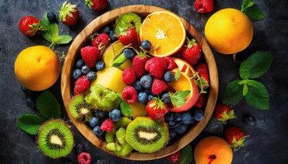 Refreshing mix of summer fruits in a wooden bowl. high quality photo