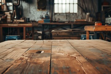 A repair shop interior with a wooden table in the foreground, offering a vacant space for tools or materials.