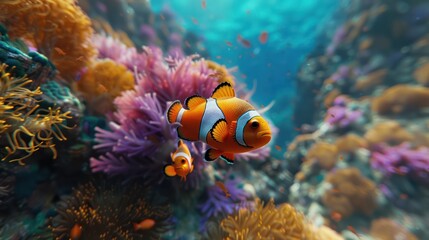 Naklejka na ściany i meble Undersea clownfish and coral one