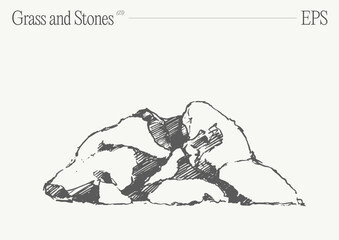 Hand drawn vector illustration of grass and rocks on blank backdrop. Isolated sketch. - 761613368