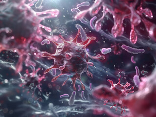 A high-resolution depiction of viruses and antibodies engaging in a microscopic battle within the body.