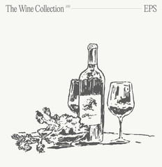 Bottles of wine, glasses and flowers on a table. Hand drawn vector illustration, sketch. - 761613598