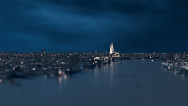 3D model of Cologne at night with the illuminated Cologne Cathedral and many other lights. Low angle of view with lots of depth of field.