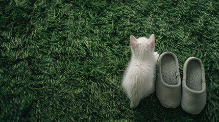 a small white cat attempting to climb on yellow, white, or grey house slippers placed on artificial turf, viewed vertically from top to bottom. - obrazy, fototapety, plakaty