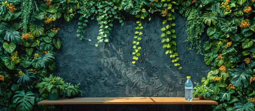 Eco-Conscious Podium on Vibrant Textured Plant Wall with Reusable Water Bottle and Lush Climbing Vines