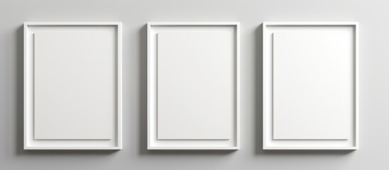 Three rectangular picture frames made of composite material are fixed onto a white wall, creating a symmetrical pattern. The frames are in shades of white and hung with metal fixtures - obrazy, fototapety, plakaty