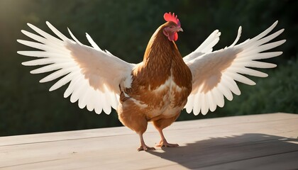 A Hen With Her Wings Spread Out In A Sunbath - obrazy, fototapety, plakaty