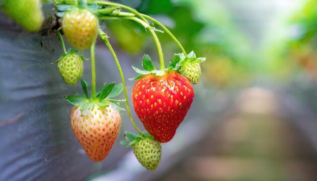 Ripe strawberries hanging from a plant in a Malaysian farm with a blurred background 