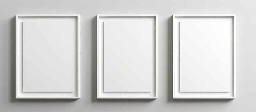 Three rectangular picture frames made of composite material are fixed onto a white wall, creating a symmetrical pattern. The frames are in shades of white and hung with metal fixtures