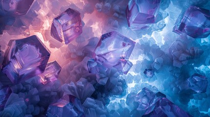 abstract of vivid crystal formations in dazzling purple and blue colors, resembling gems in a fantasy or science fiction setting. - obrazy, fototapety, plakaty