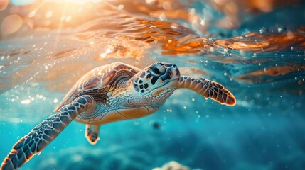 Little turtle swimming under the sea