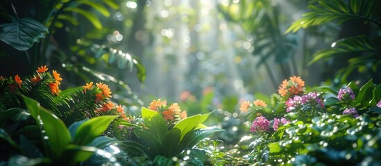 Enchanting Rainforest: A Lush Illuminated Exotic Plant in a Tropical Eden - obrazy, fototapety, plakaty