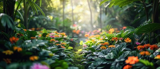 Fototapeta na wymiar Thriving Plant Platform Amidst Lush Tropical Garden with Vibrant Flowers and Sunlight Filtering Through Canopy