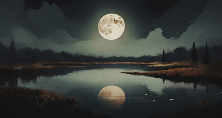 grande luna piena che si riflette nelle calme acque di uno stagno - obrazy, fototapety, plakaty